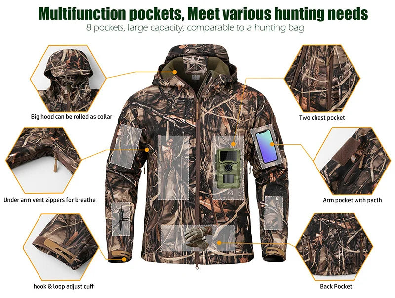 Men's Silent Soft Shell Camouflage Tactical Jacket – Waterproof, Warm Fleece Hooded Coat for Hunting, Hiking & Fishing