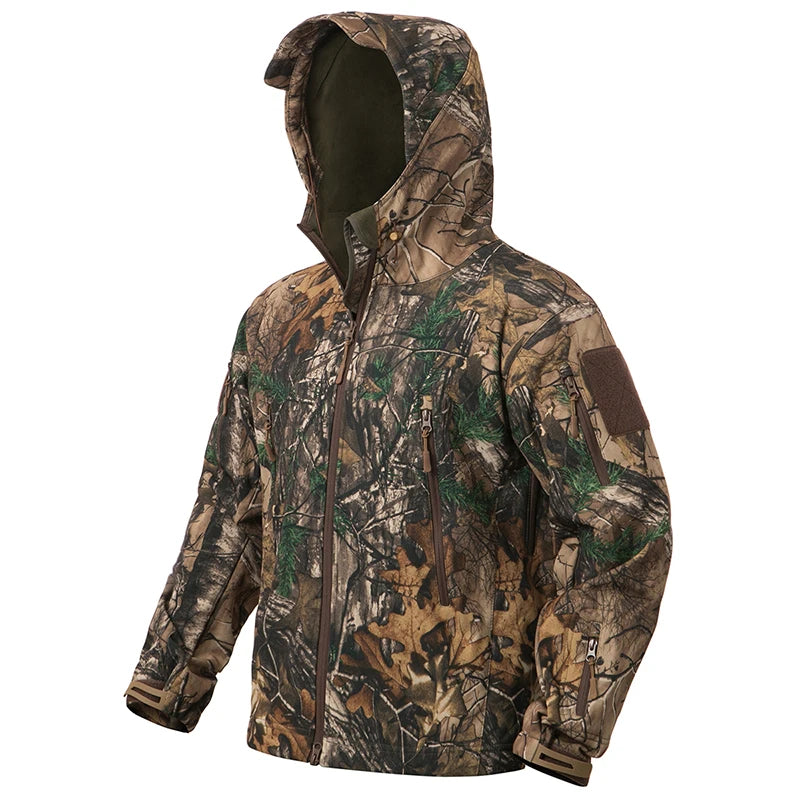 Men's Silent Soft Shell Camouflage Tactical Jacket – Waterproof, Warm Fleece Hooded Coat for Hunting, Hiking & Fishing