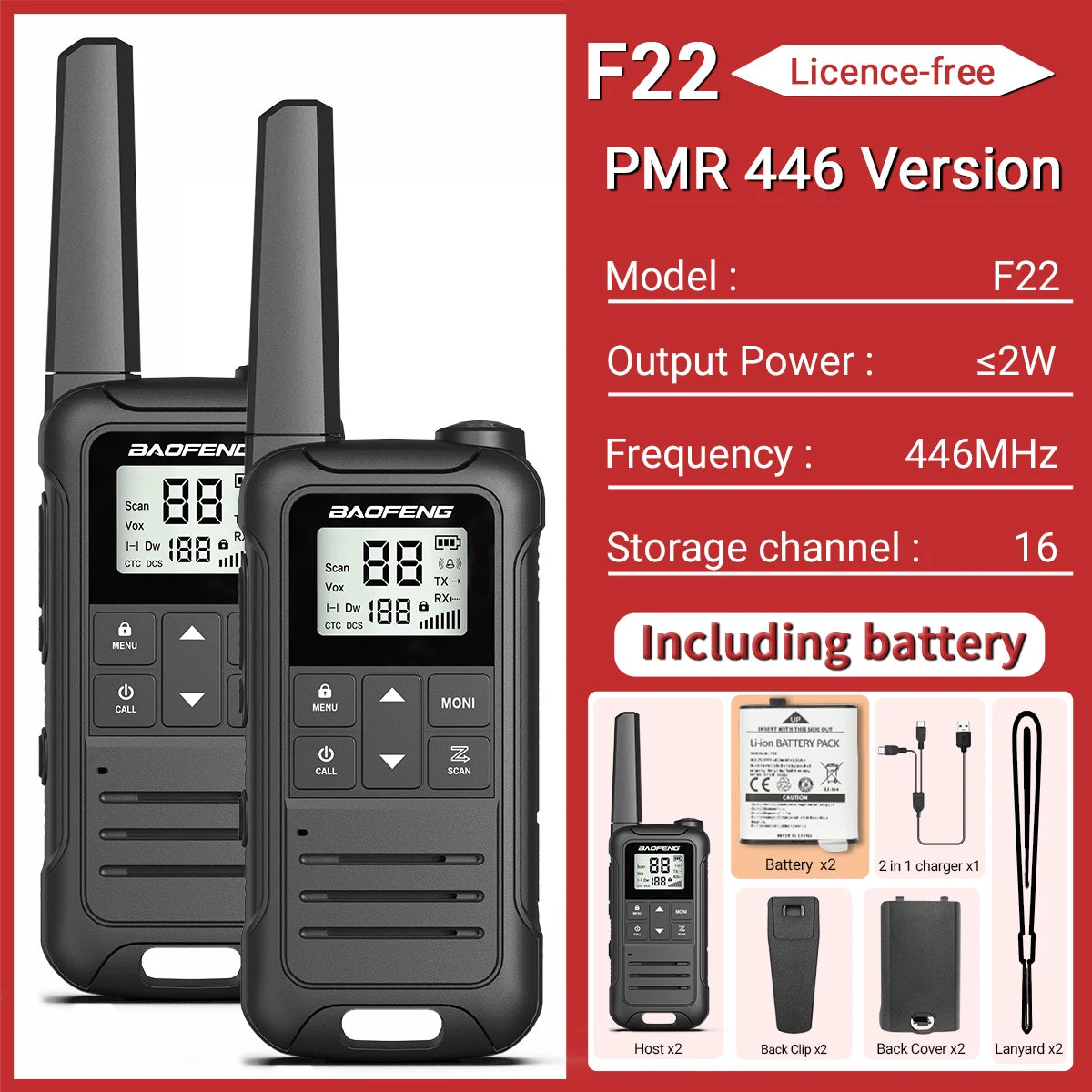 2pcs Baofeng F22 Mini Walkie Talkie – PMR FRS Long-Range Rechargeable Two-Way Radios with Type-C Charger for Camping
