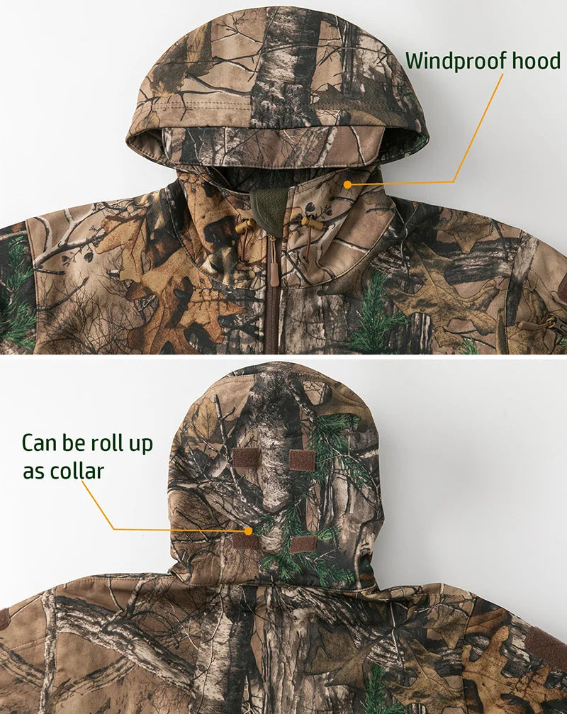 Men's Silent Soft Shell Camouflage Tactical Jacket – Waterproof, Warm Fleece Hooded Coat for Hunting, Hiking & Fishing