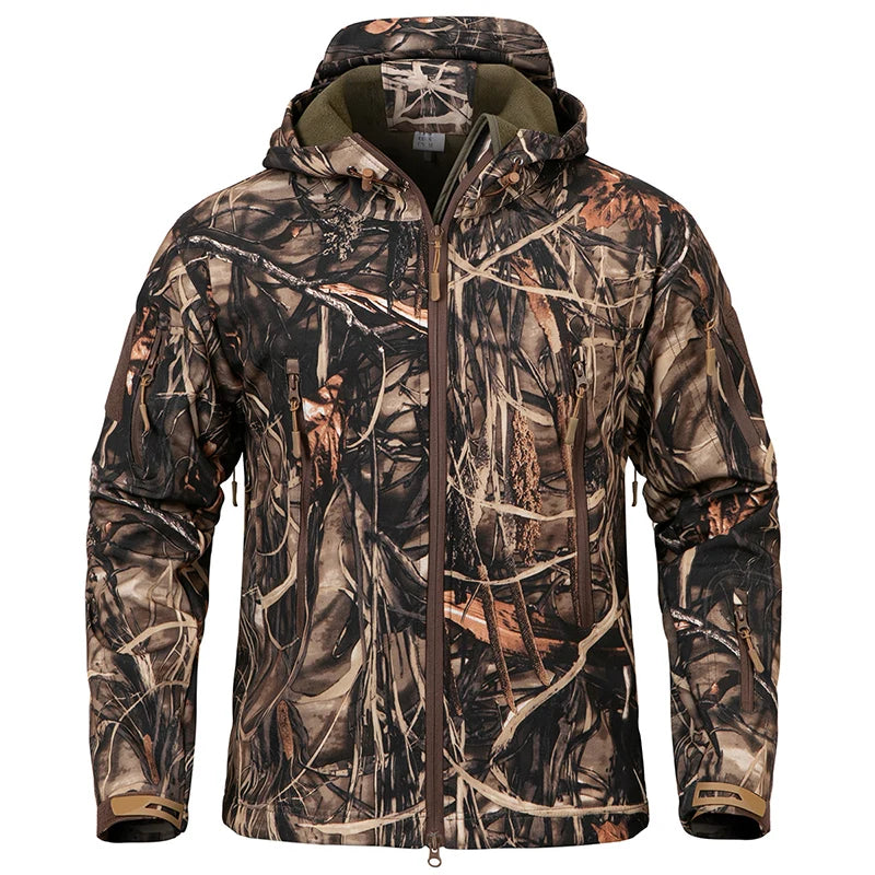 Men's Silent Soft Shell Camouflage Tactical Jacket – Waterproof, Warm Fleece Hooded Coat for Hunting, Hiking & Fishing
