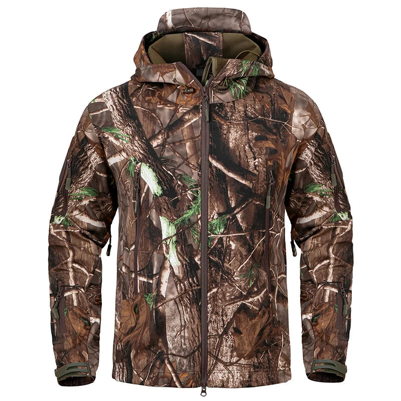 Men's Silent Soft Shell Camouflage Tactical Jacket – Waterproof, Warm Fleece Hooded Coat for Hunting, Hiking & Fishing