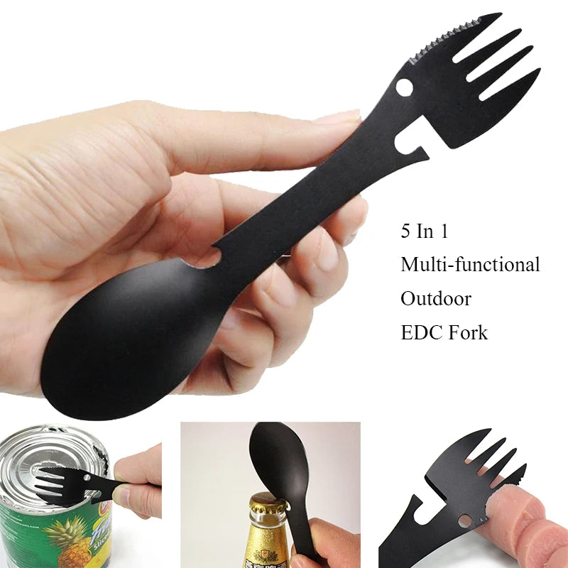 Outdoor Survival Tools 5-in-1 Camping Multi-Functional EDC Kit – Fork, Knife, Spoon, Bottle/Can Opener