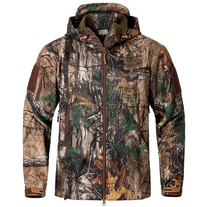 Men's Silent Soft Shell Camouflage Tactical Jacket – Waterproof, Warm Fleece Hooded Coat for Hunting, Hiking & Fishing