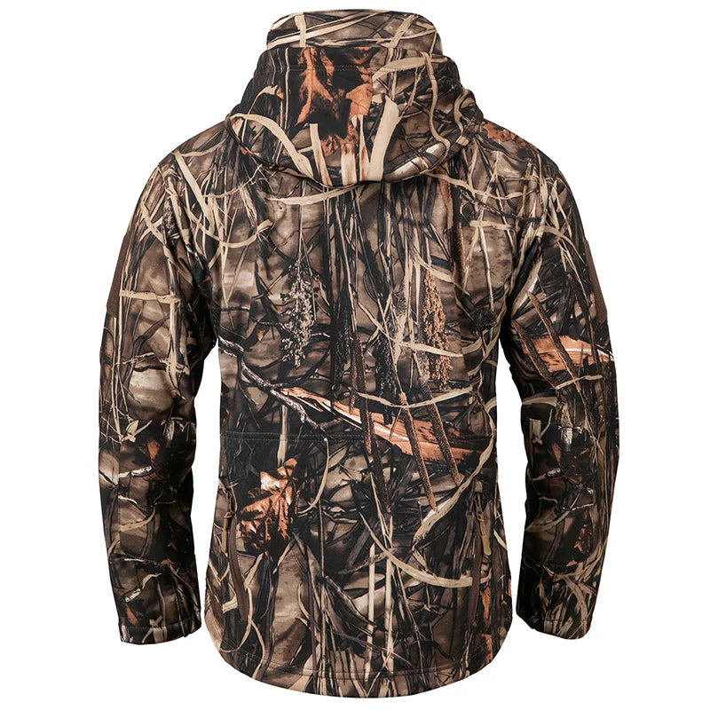 Men's Silent Soft Shell Camouflage Tactical Jacket – Waterproof, Warm Fleece Hooded Coat for Hunting, Hiking & Fishing
