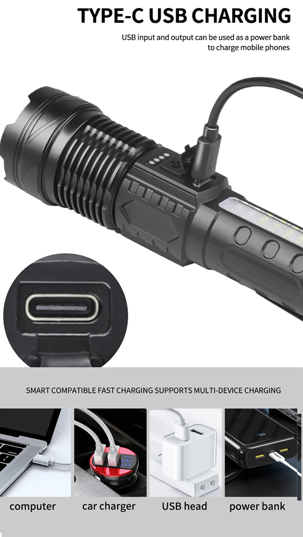 High-Power LED Tactical Flashlight with Zoom and USB Rechargeable Battery