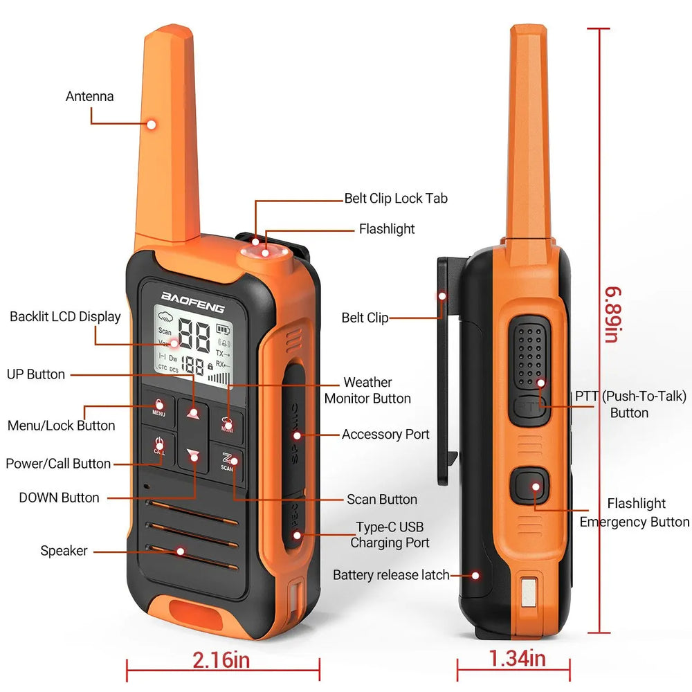 2pcs Baofeng F22 Mini Walkie Talkie – PMR FRS Long-Range Rechargeable Two-Way Radios with Type-C Charger for Camping